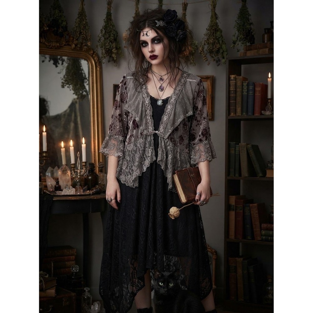 Spencer Alexis 3X Mauve Lace Velvet Burnout Sequin Cardigan Jacket Bell Sleeve